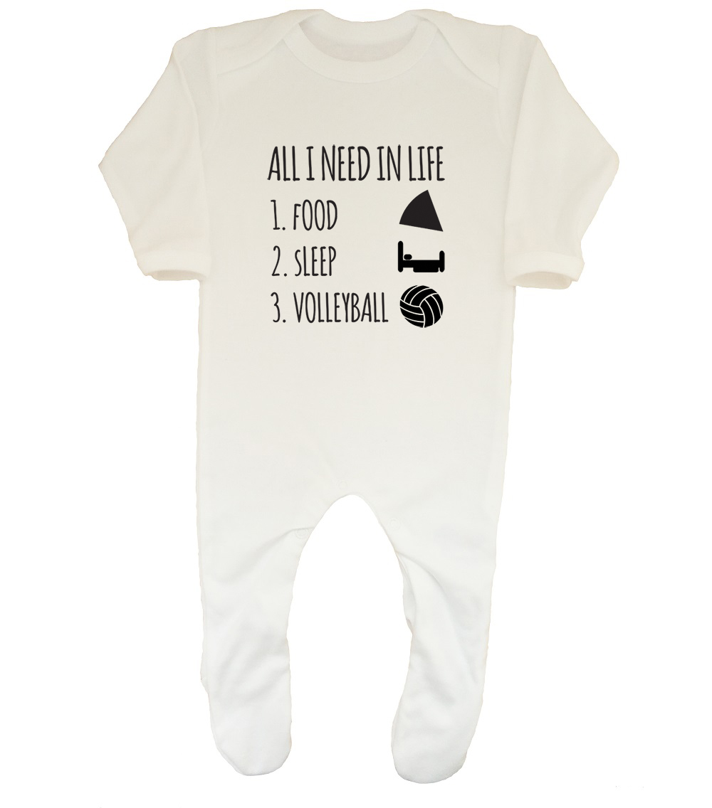 All I Need in Life is Food Sleep /& Volleyball Boys Girls Baby Grow Sleepsuit